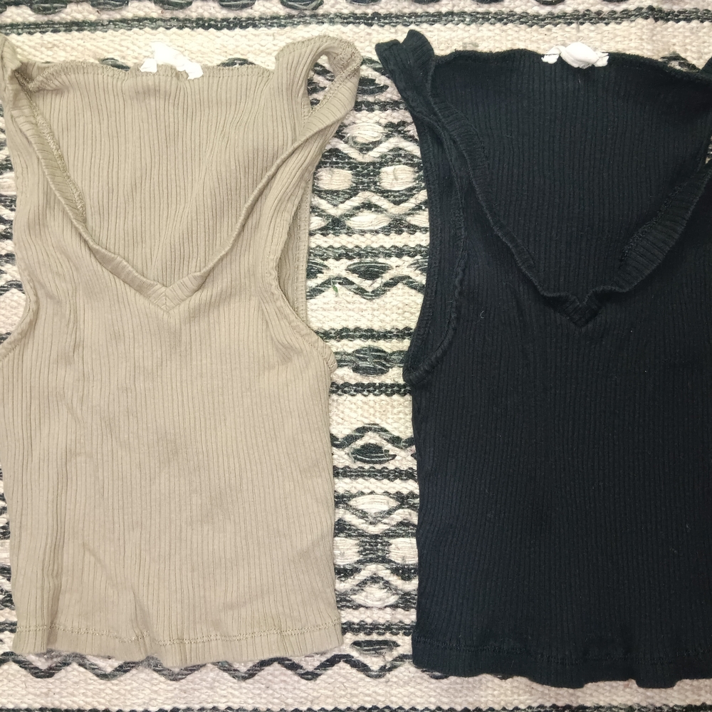 Aeropostale Cream and Black Ribbed Ruffled Tank Tops